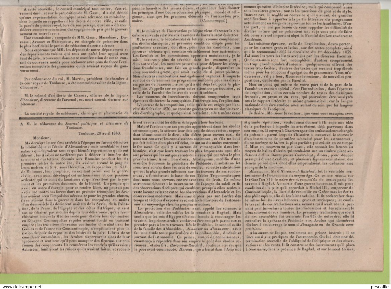 JOURNAL POLITIQUE TOULOUSE 12 05 1840 - ECOLE ARTS & METIERS - SAVANTS ARABES - OUVERTURE SALLE D'ASILE - BACCALAUREAT - 1800 - 1849