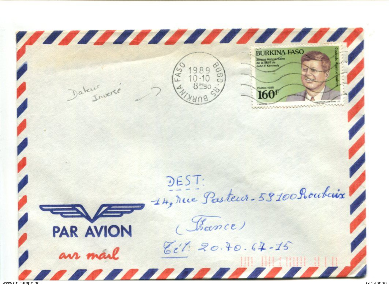 BURKINA FASO  (dateur Inversé) - Affranchissement Sur Lettre Pour La France - J.F. Kennedy - Burkina Faso (1984-...)