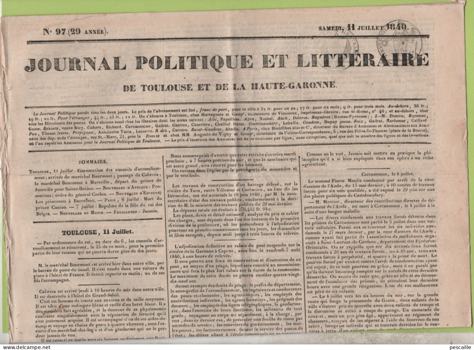 JOURNAL POLITIQUE TOULOUSE 11 07 1840 - CAPENS - CARCASSONNE - LANGUE D'OC OCCITANIE - CAYRIECH - MARSEILLE - 1800 - 1849
