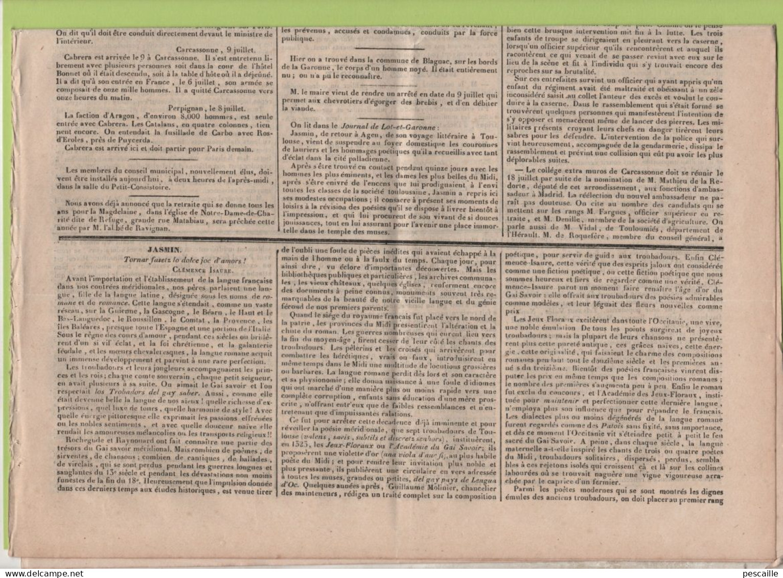 JOURNAL POLITIQUE TOULOUSE 11 07 1840 - CAPENS - CARCASSONNE - LANGUE D'OC OCCITANIE - CAYRIECH - MARSEILLE - 1800 - 1849