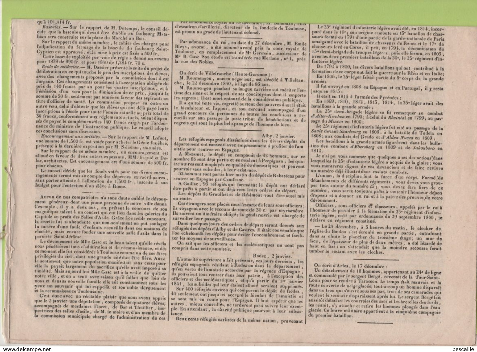 JOURNAL POLITIQUE TOULOUSE 05 01 1841 - CONSEIL MUNICIPAL - CHATEAUBRIAND - VILLEFRANCHE - RODEZ - ALBI - RABASTENS ... - 1800 - 1849