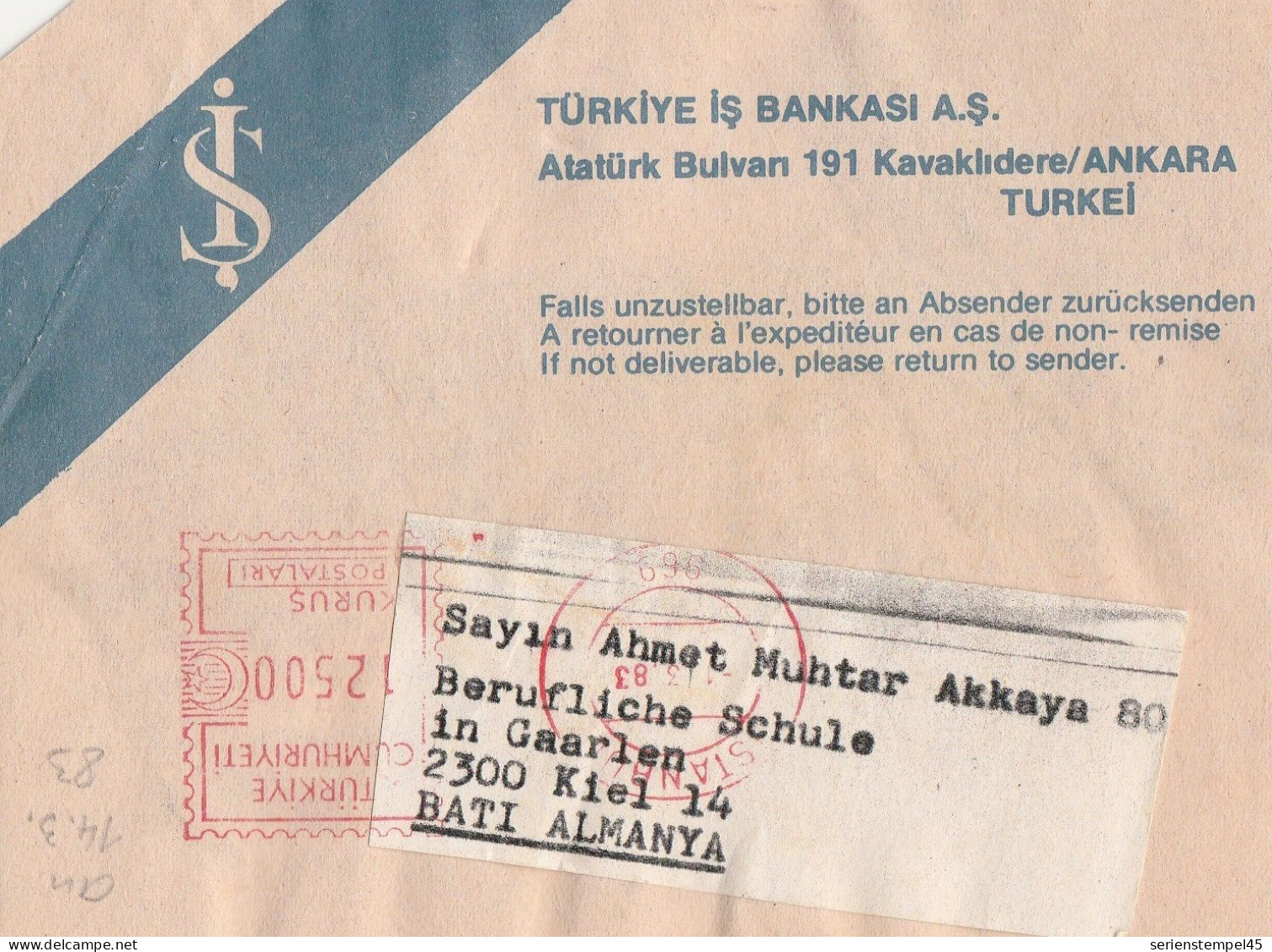 Türkei Briefstück Mit Freistempel Ankara Nach Kiel Türkiye Is Bankasi A.s Porto 12 500 1983 - Lettres & Documents