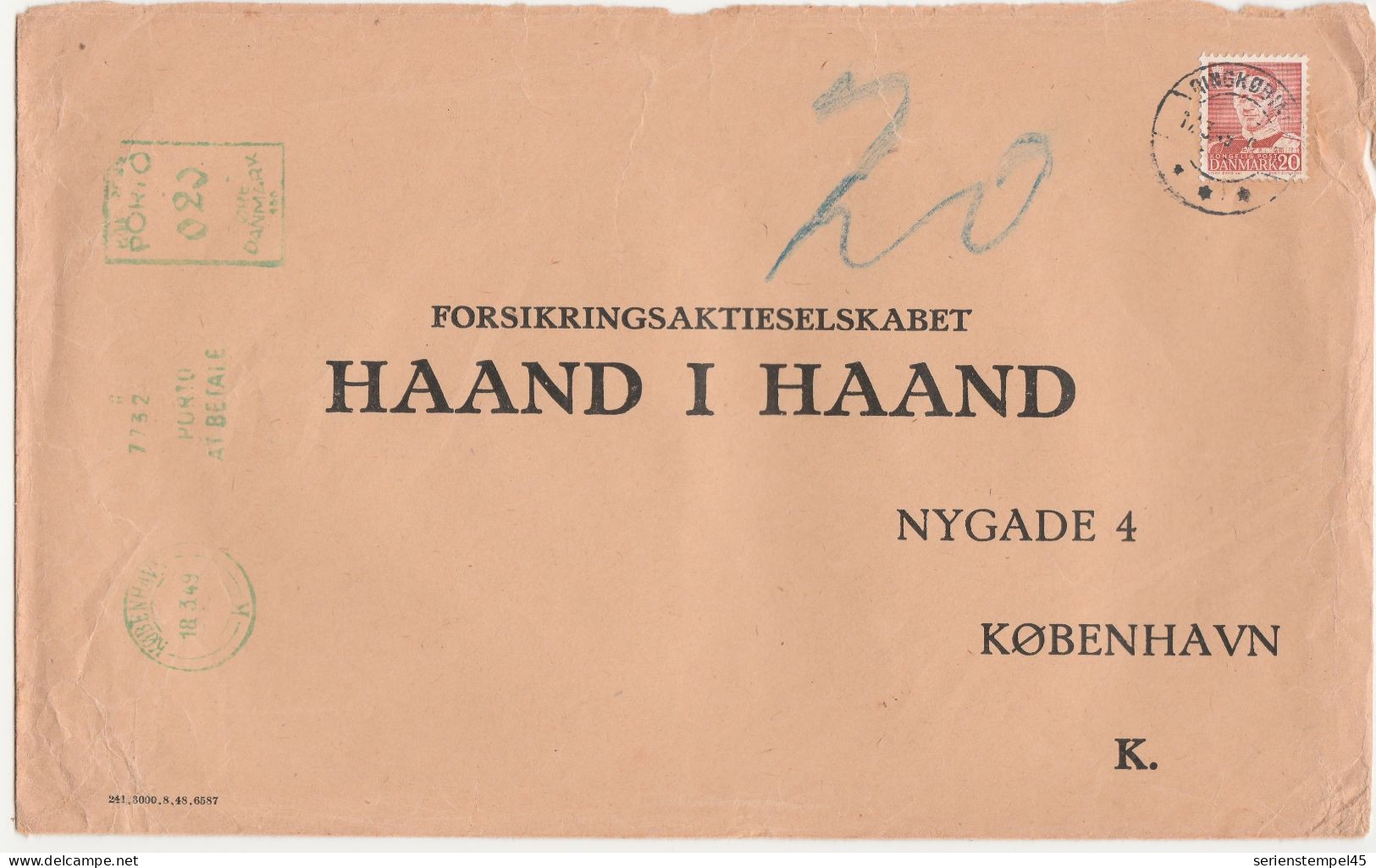 Dänemark Brief Mit Nachgebühr Freistempel In Grün Kobenhavn 1949 Porto At Betale Brief Ringkobin - Maschinenstempel (EMA)