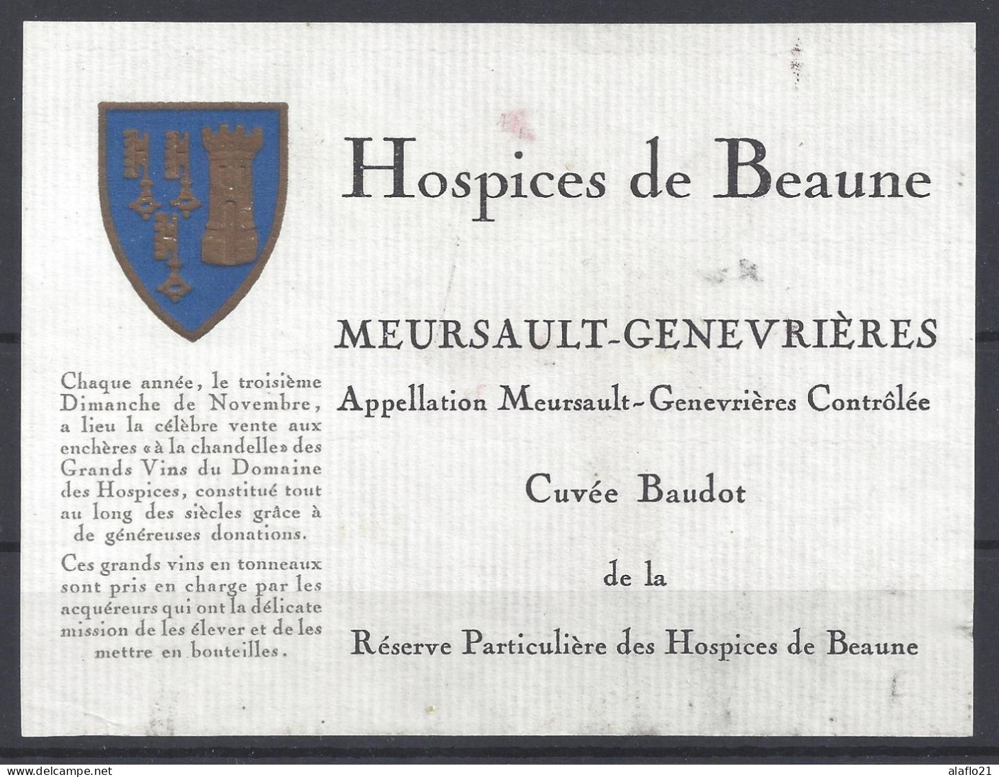 ETIQUETTE - HOSPICES De BEAUNE - MEURSAULT GENEVRIERES - Cuvée Baudot - Bourgogne