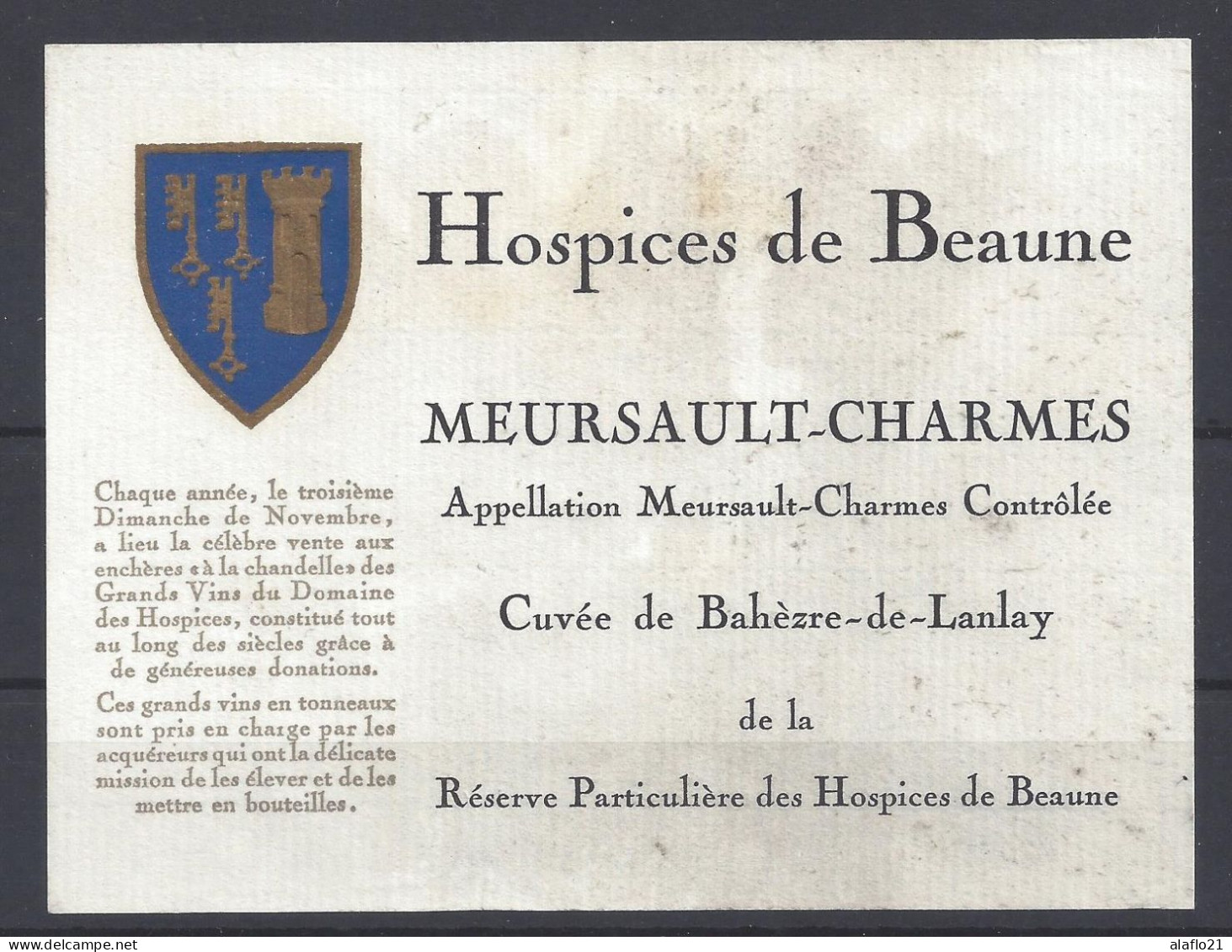 ETIQUETTE - HOSPICES De BEAUNE - MEURSAULT CHARMES - Cuvée Bahèzre De Lanlay - Bourgogne