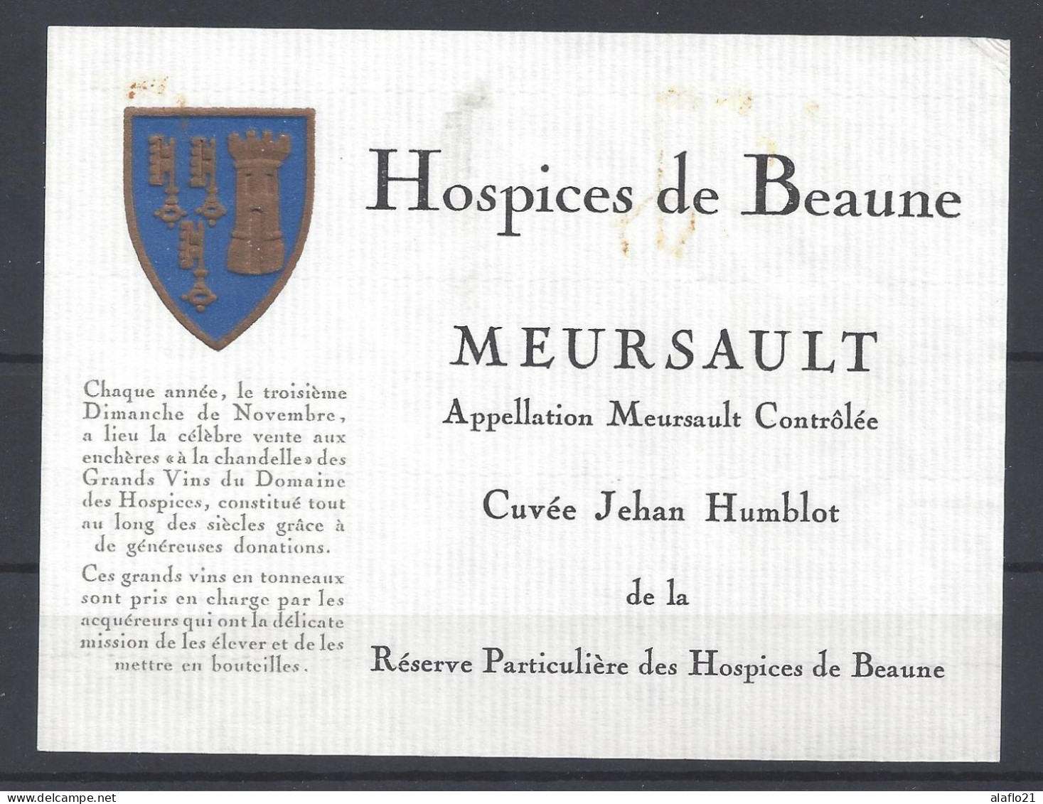 ETIQUETTE - HOSPICES De BEAUNE - MEURSAULT - Cuvée Jehan Humblot - Bourgogne