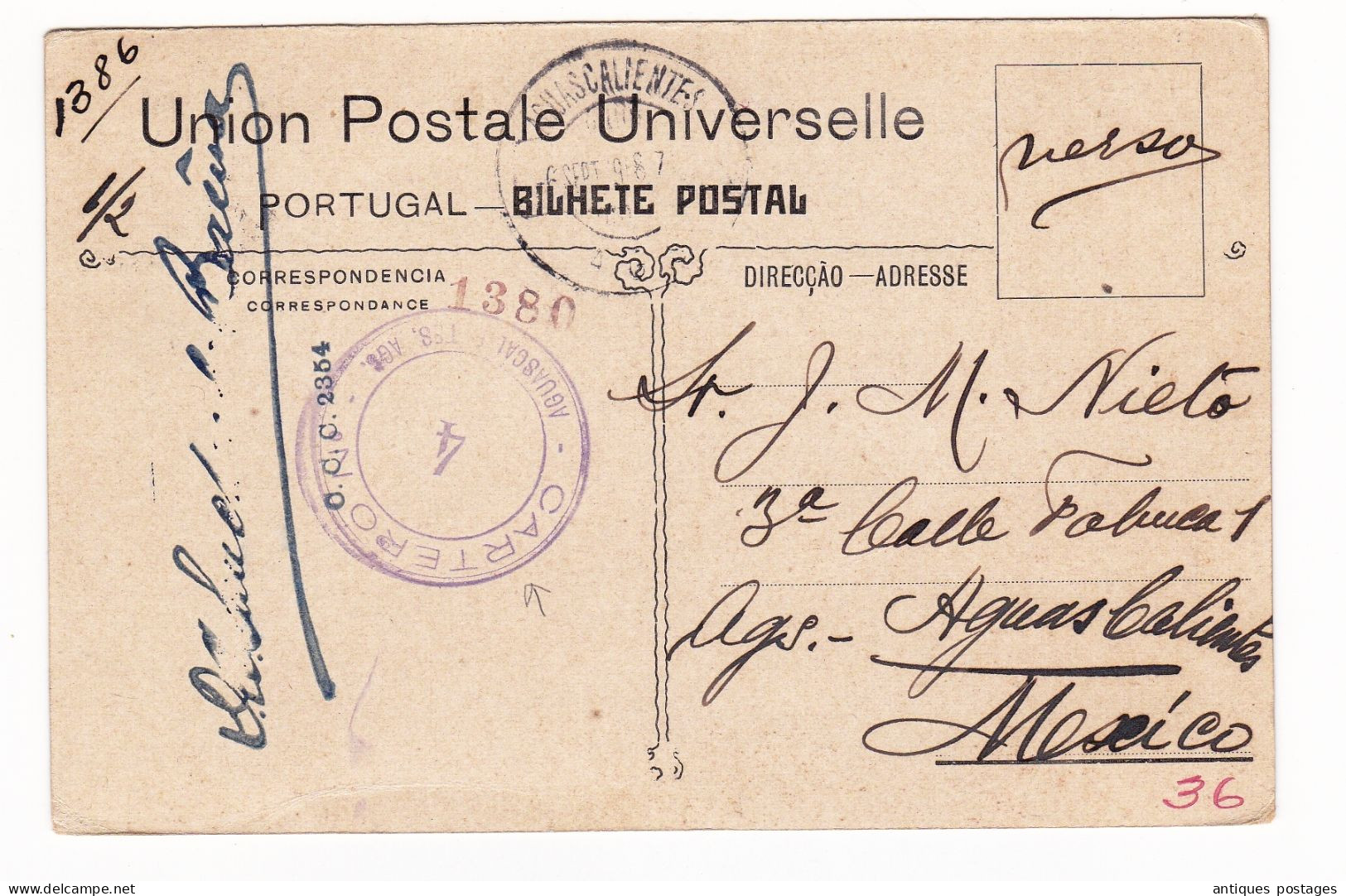 Bilhete Postal Lisboa Portugal Mexico Aguascalientes Cartero Carlos I De Portugal 20 Reis - Brieven En Documenten