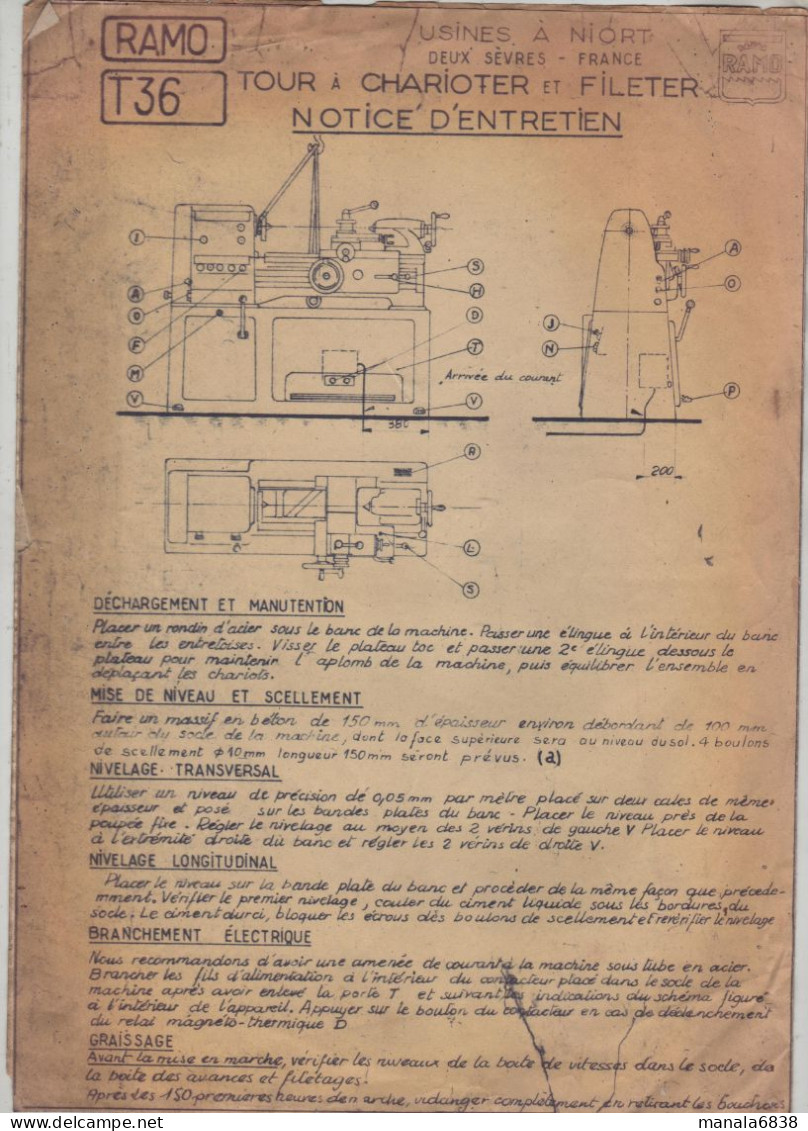 Ramo Usines Niort Tour à Charioter Et Fileter Notice D'entretien 1958 - Tools