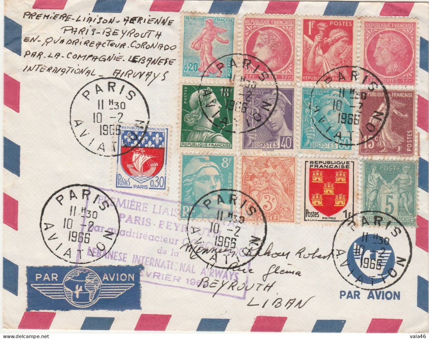 FRANCE AVIATION  1ère LIAISON POSTALE PARIS /BEYROUTH  10/02/1966 - Aviones