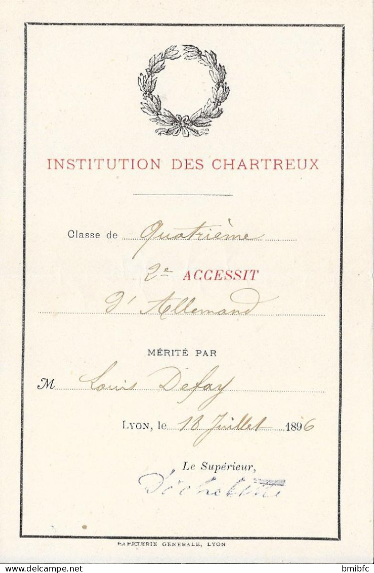 LYON Le 18 Juillet 1896  INSTITUTION DES CHARTREUX Classe De Quatrième 2e Accessit D'Allemand  Mérité Par M....... - Diplômes & Bulletins Scolaires