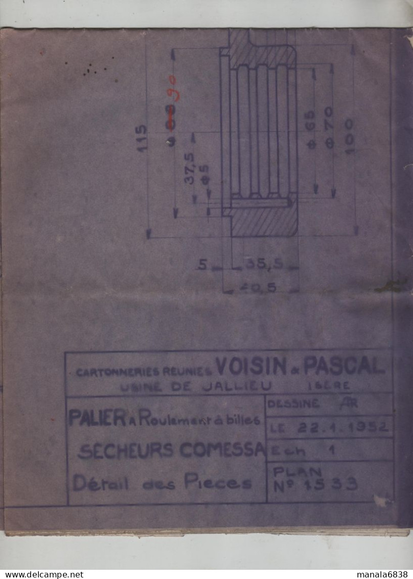 Cartonneries Voisin Pascal Usine De Jallieu Palier à Roulement à Billes Sécheurs Comessa Détail Des Pièces 1952 - Maschinen