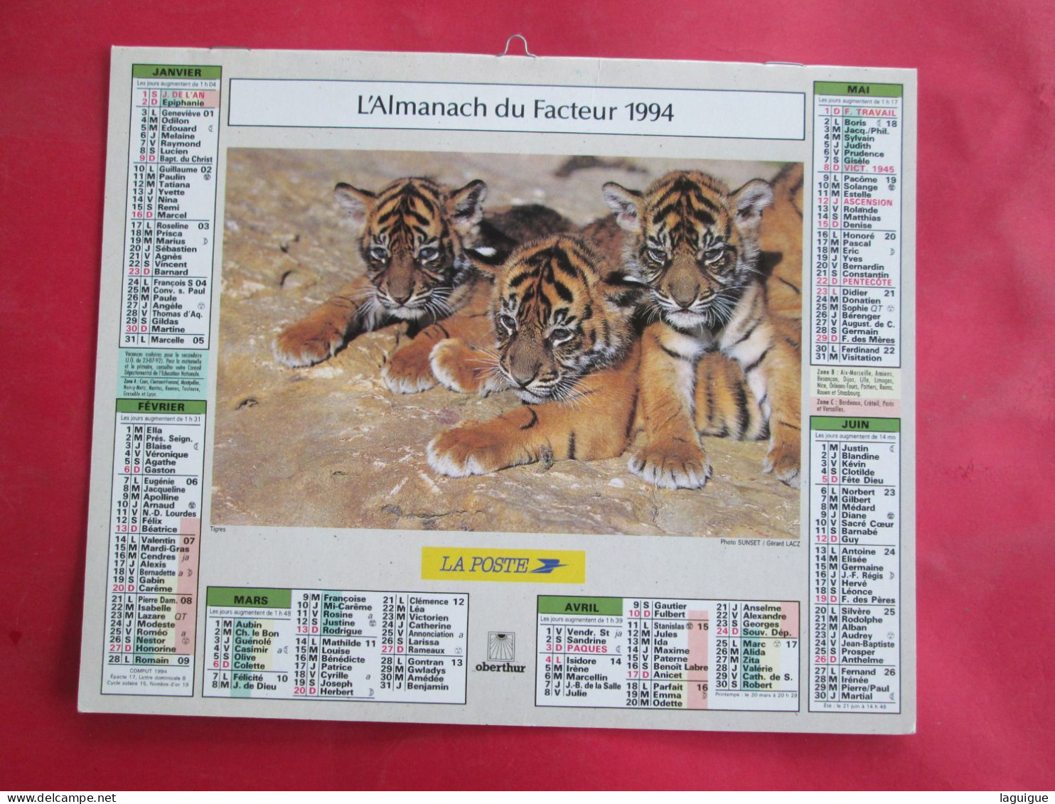 CALENDRIER ALMANACH 1994 LIONS TIGRES OBERTHUR - Big : 1991-00