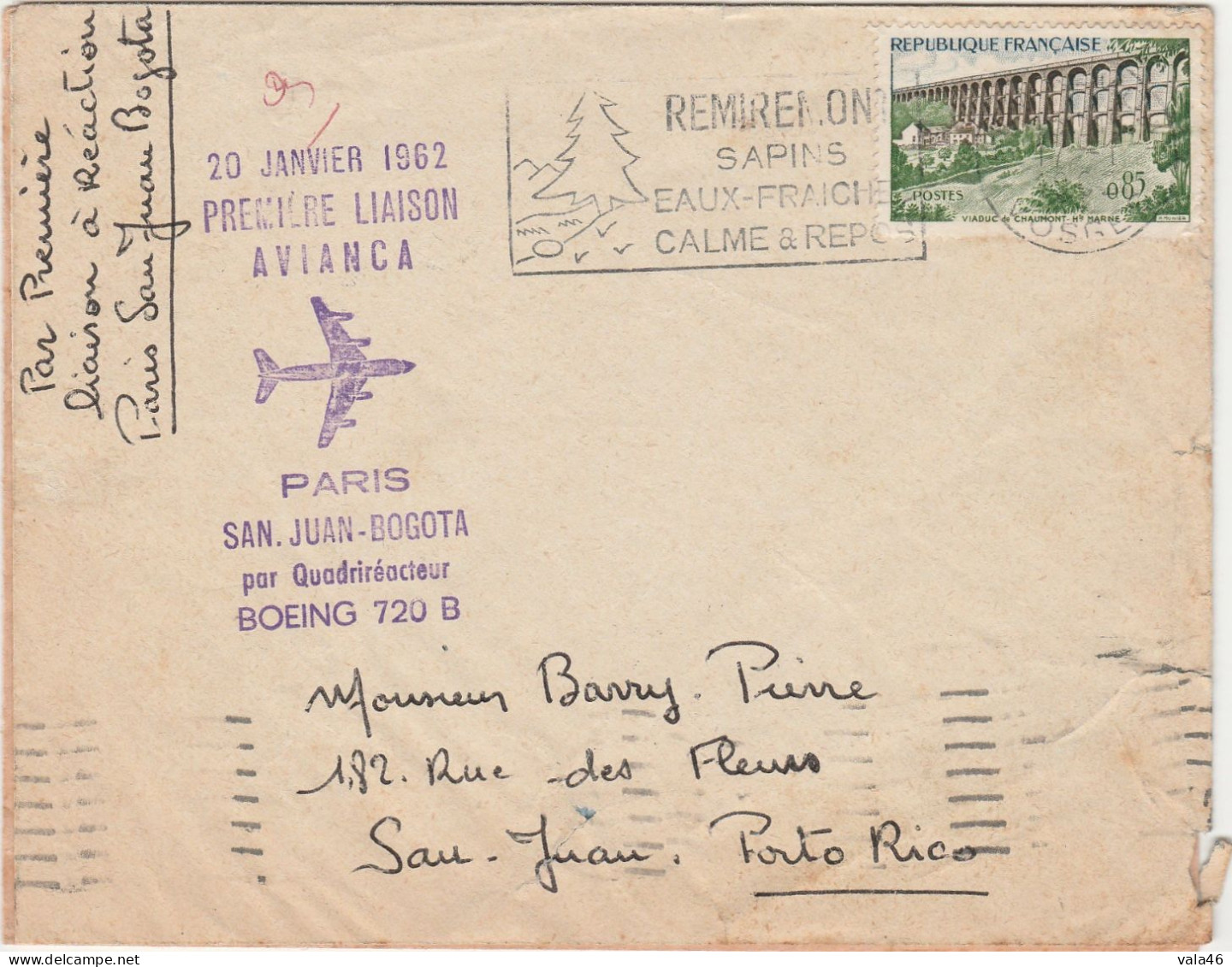 FRANCE AVIATION   1ère LIAISON  AVIANCA PARIS - SAN.JUAN-BOGOTA  BOEING 720 B- 20.01.1962 - Aviones