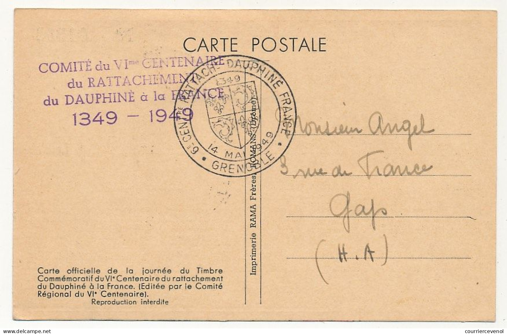 FRANCE - Carte Maximum - 12F Rattachement Du Dauphiné à La France - GAP - 31Juillet 1949 - 1940-1949
