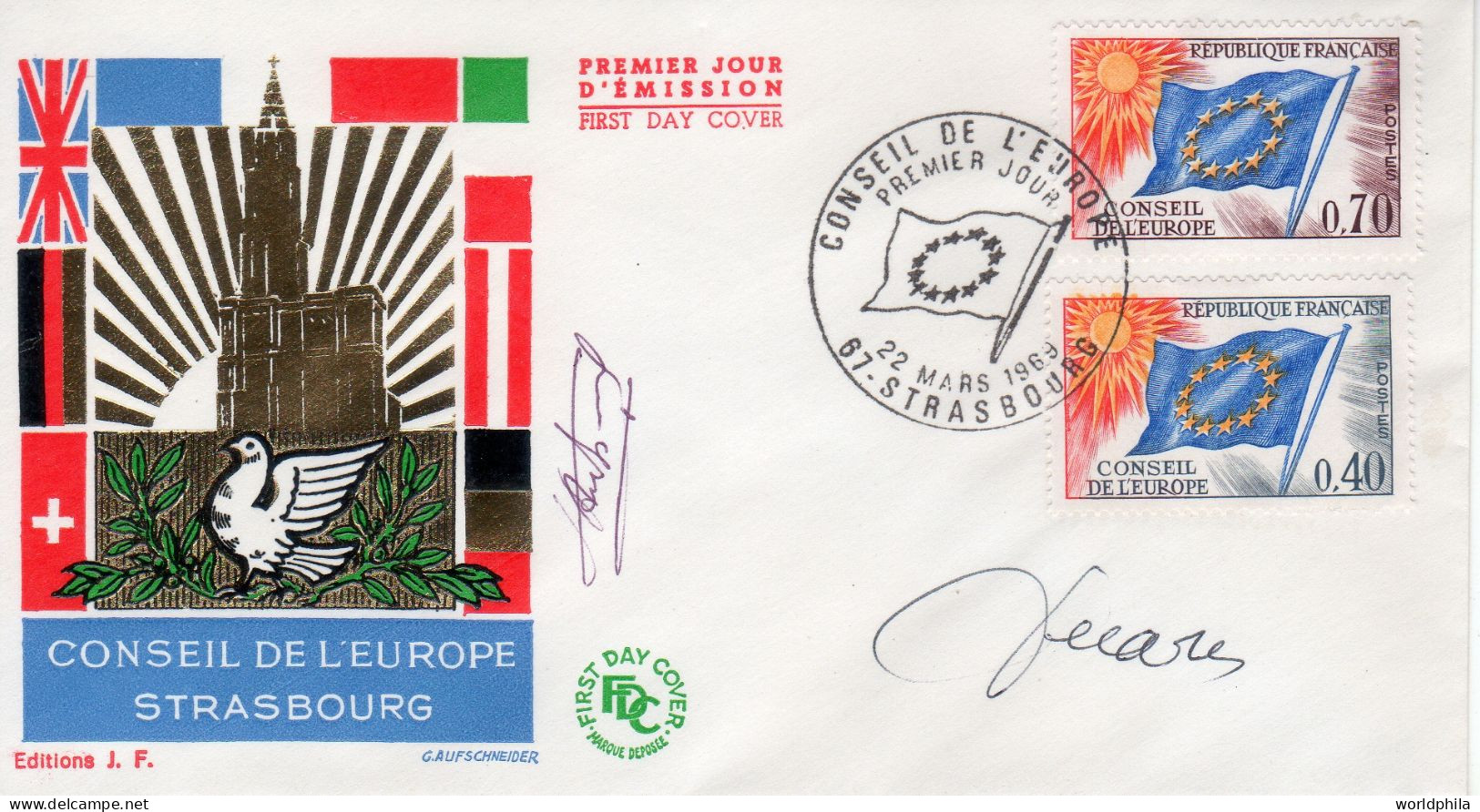 France 1969 FDC Autographed, Drawn And Engraved By Albert Decaris "Conseil De L'Europe" - Omslagen