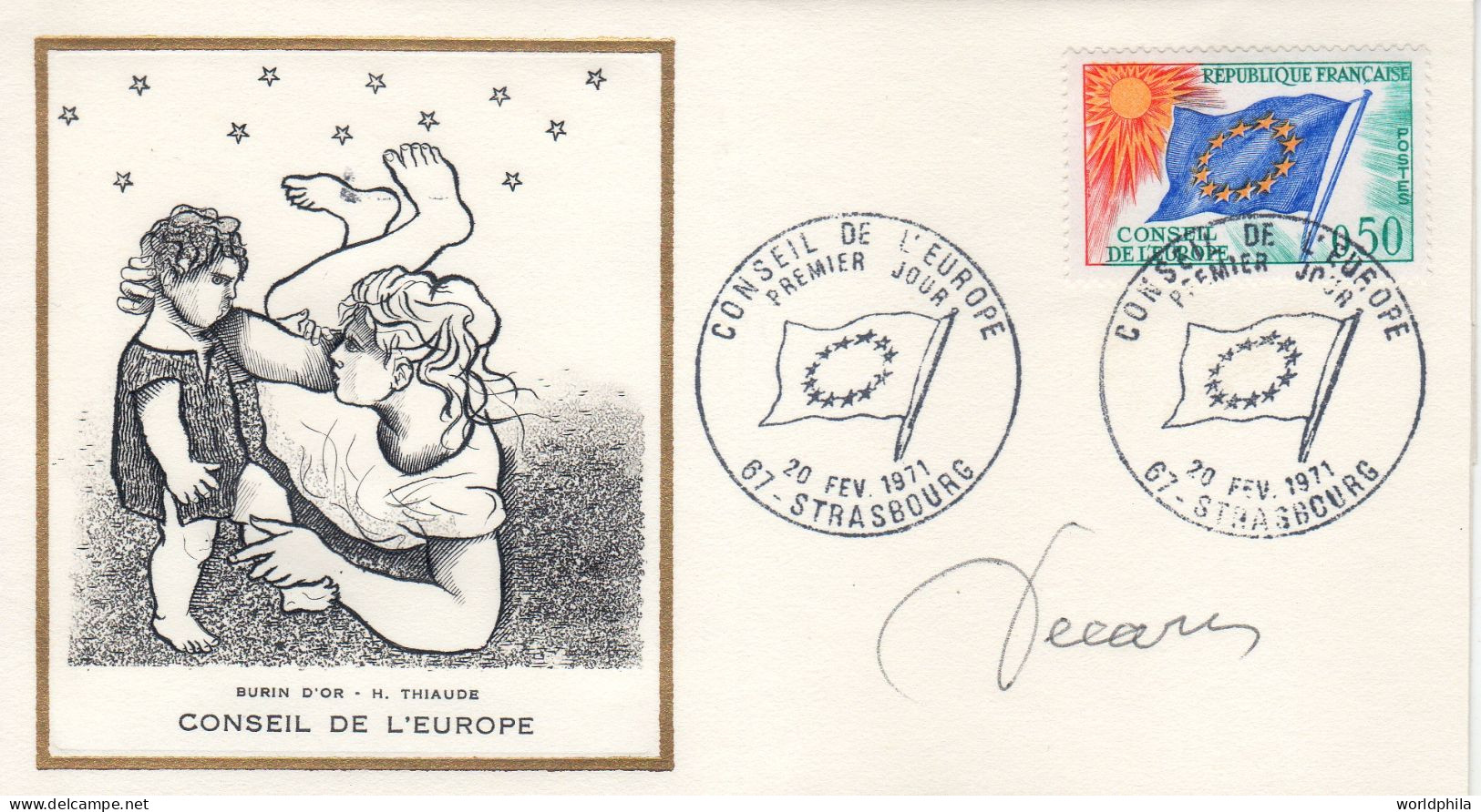 France 1971 FDC Autographed, Drawn And Engraved By Albert Decaris "Conseil De L'Europe" - Enveloppes