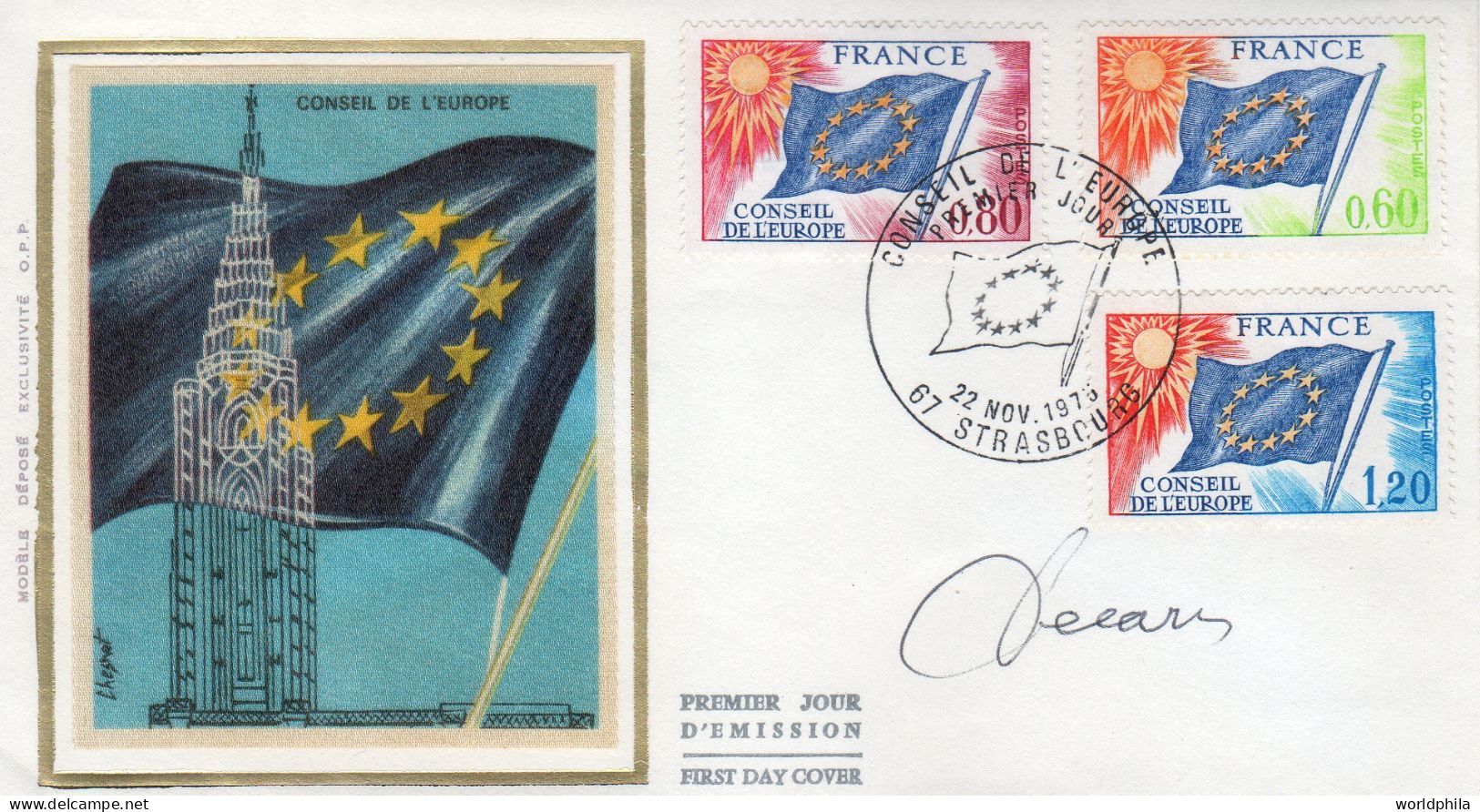 France 1975 FDC Autographed, Drawn And Engraved By Albert Decaris "Conseil De L'Europe" - Omslagen