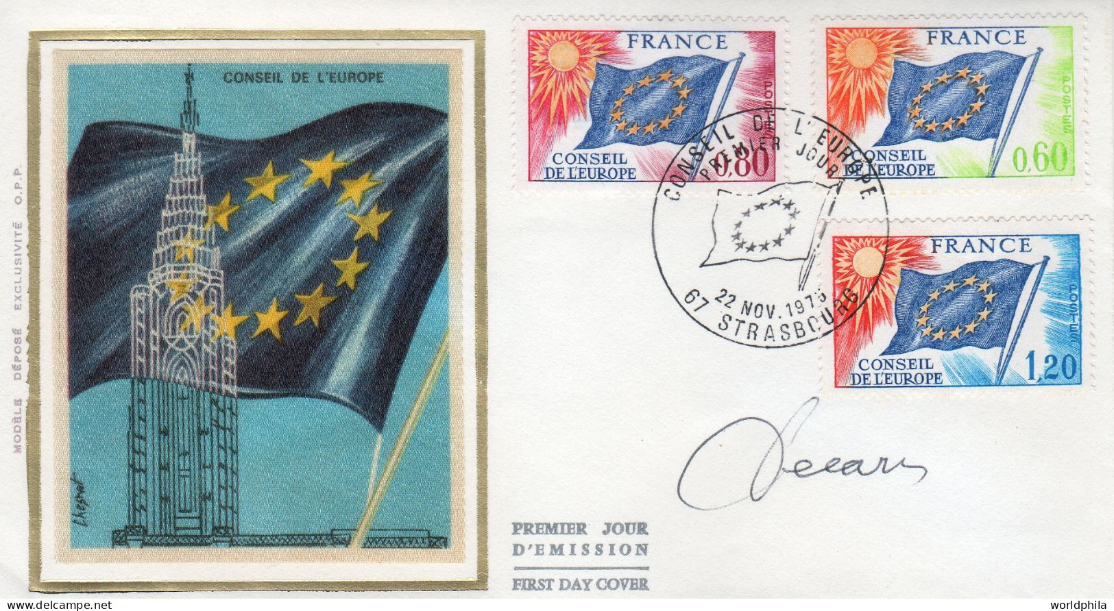 France 1975 FDC Autographed, Drawn And Engraved By Albert Decaris "Conseil De L'Europe" - Buste