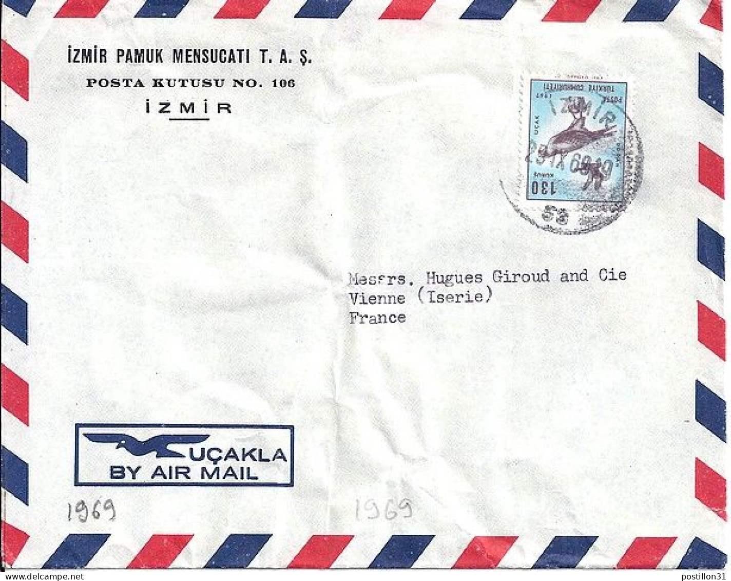 TURQUIE N° PA49 S/L. DU 29.9.69 POUR LA FRANCE - Storia Postale