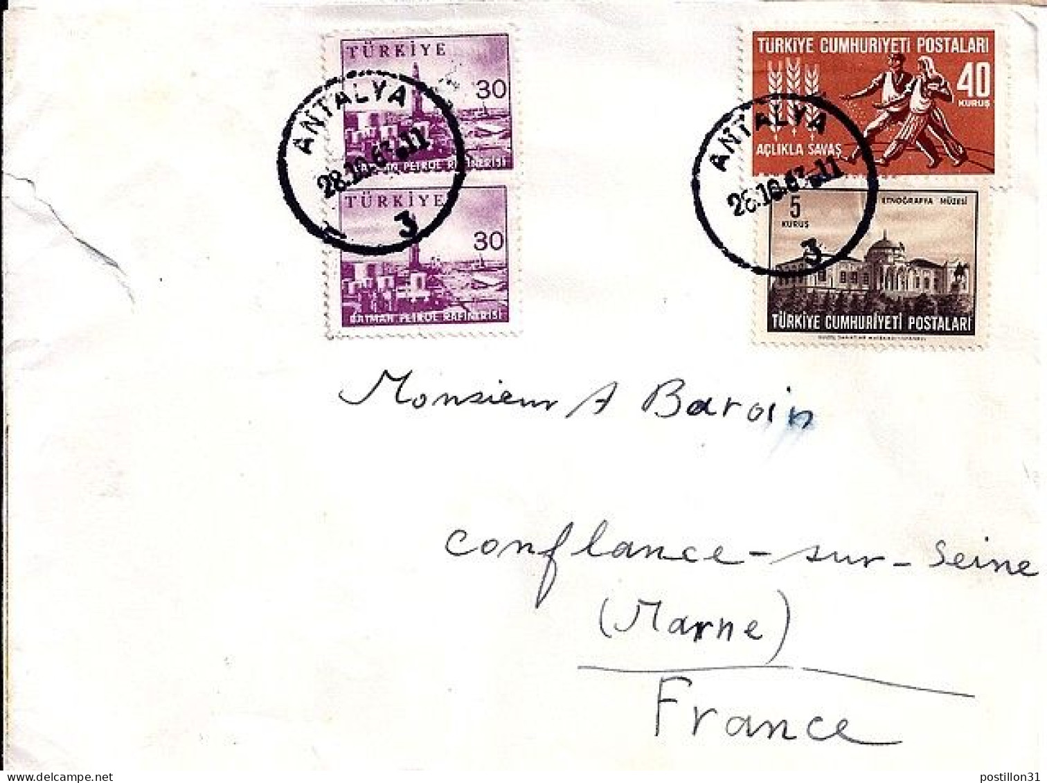 TURQUIE N° 1648/1640/1436x2 S/L. DU 28.10.63 POUR LA FRANCE - Covers & Documents