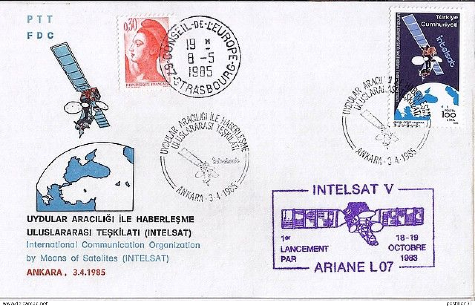 TURQUIE N° 2461 S/L. DU 3.4.85 THEME FUSEE ARIANE - Cartas & Documentos