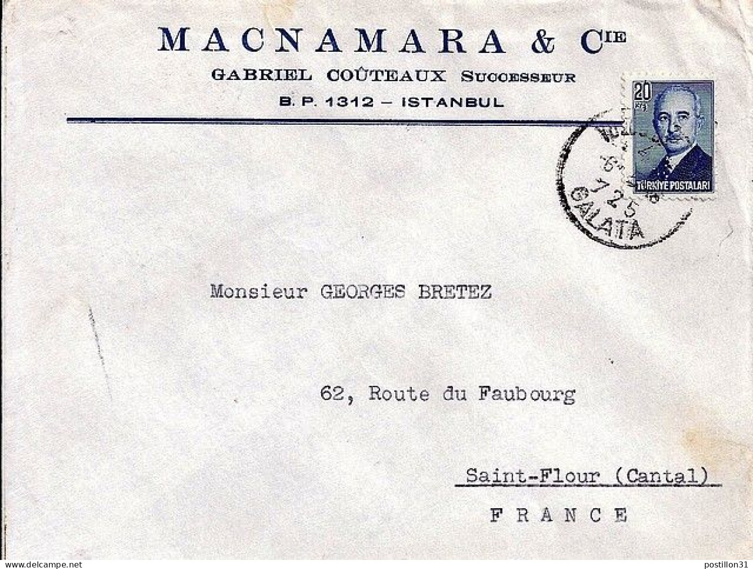 TURQUIE N° 1069 S/L. DU 10.6.48 POUR LA FRANCE - Cartas & Documentos