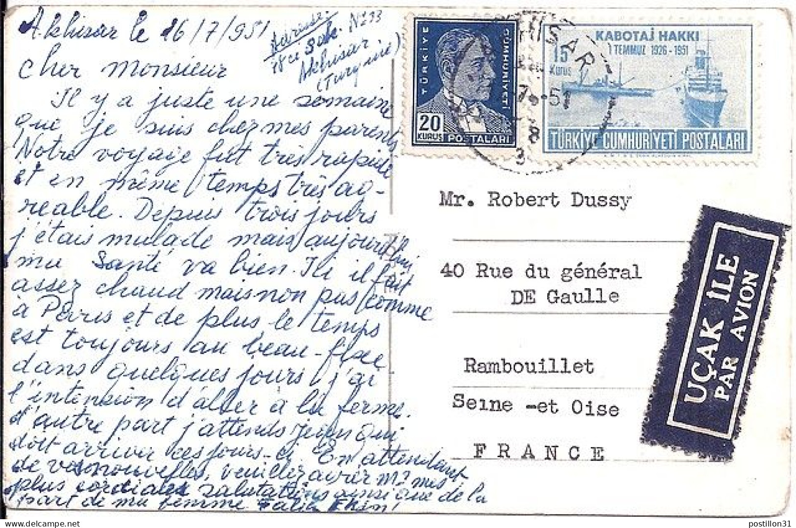 TURQUIE N° 1128/1111 S/CP. DU 16.7.51 POUR LA FRANCE - Lettres & Documents