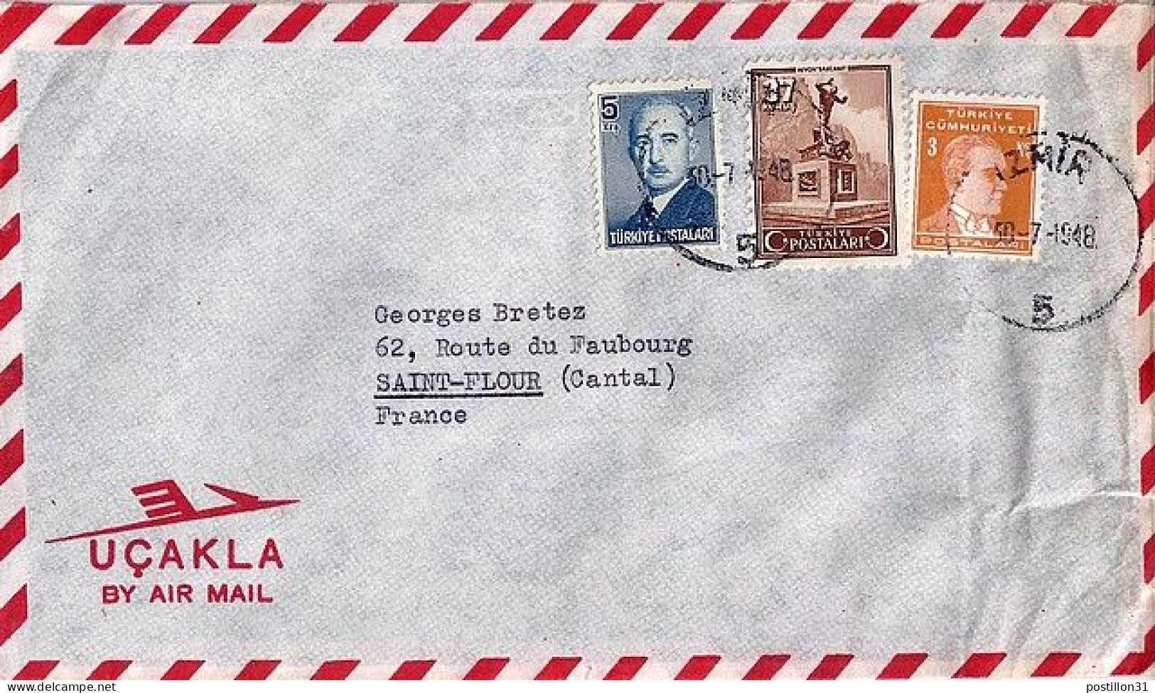 TURQUIE N° 808A/989/1065 S/L. DU 30.7.48 POUR LA FRANCE - Lettres & Documents