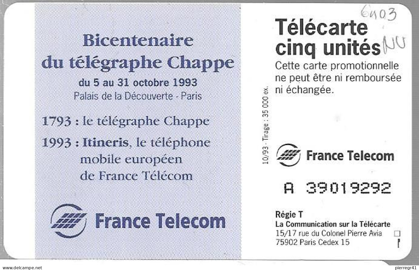 CARTE-PRIVEE-5U-GN-03-S03-10/93-C CHAPPE-NEUVE-V° Série9292 TBE- - 5 Units