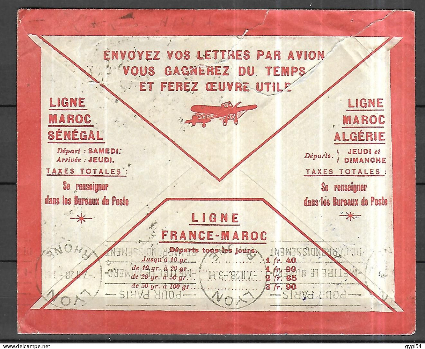 Lignes Aeriennes Latecoere France Maroc Algerie Lettre FM DU 07 11 1928 POUR LYON - Sonstige & Ohne Zuordnung