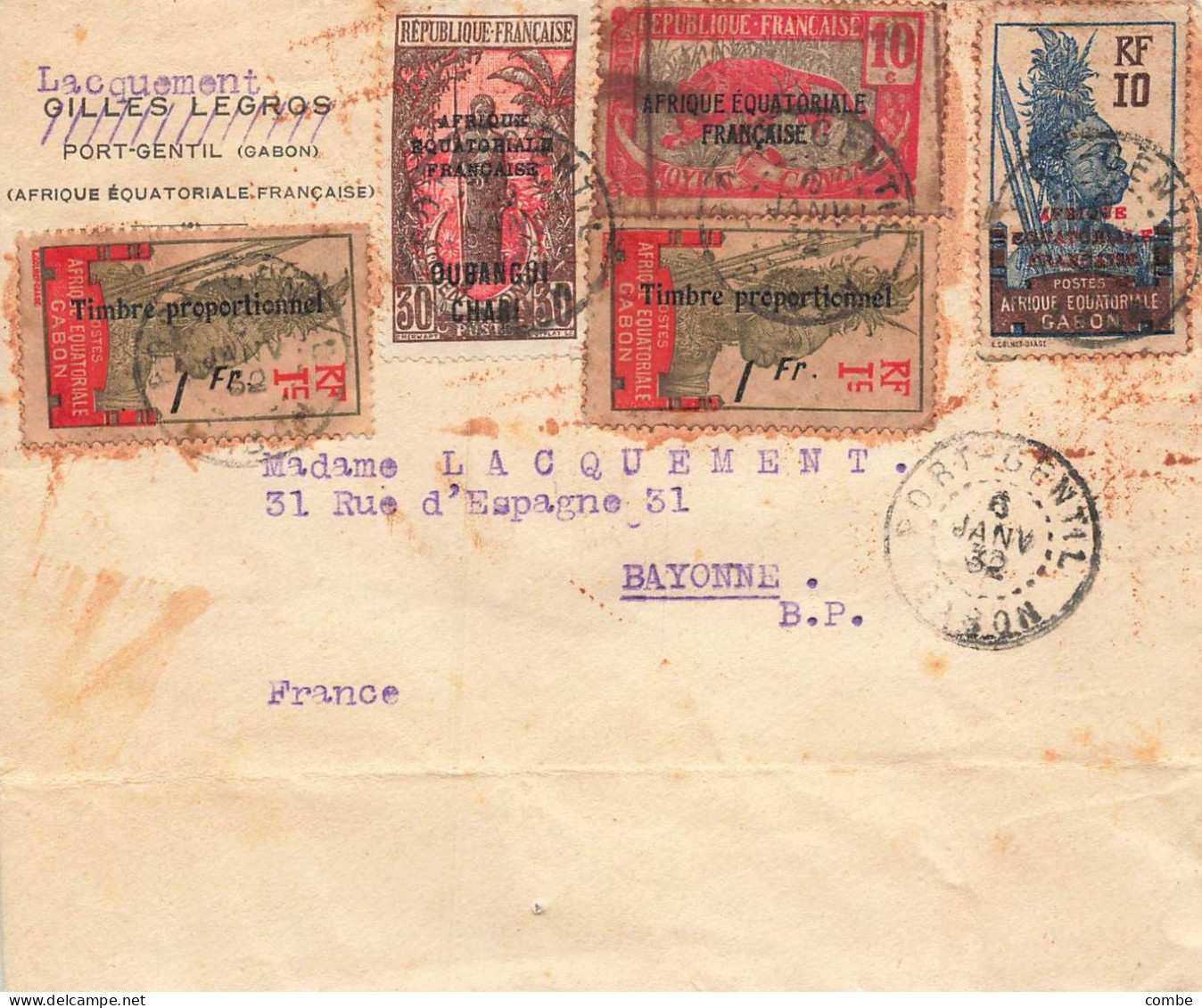 LETTRE. PORT-GENTIL GABON.  6 JANV 32. FISCAL GABON 1Fr, OUBANGUI 30c, MOYEN CONGO 10c, AEF 10c - Covers & Documents