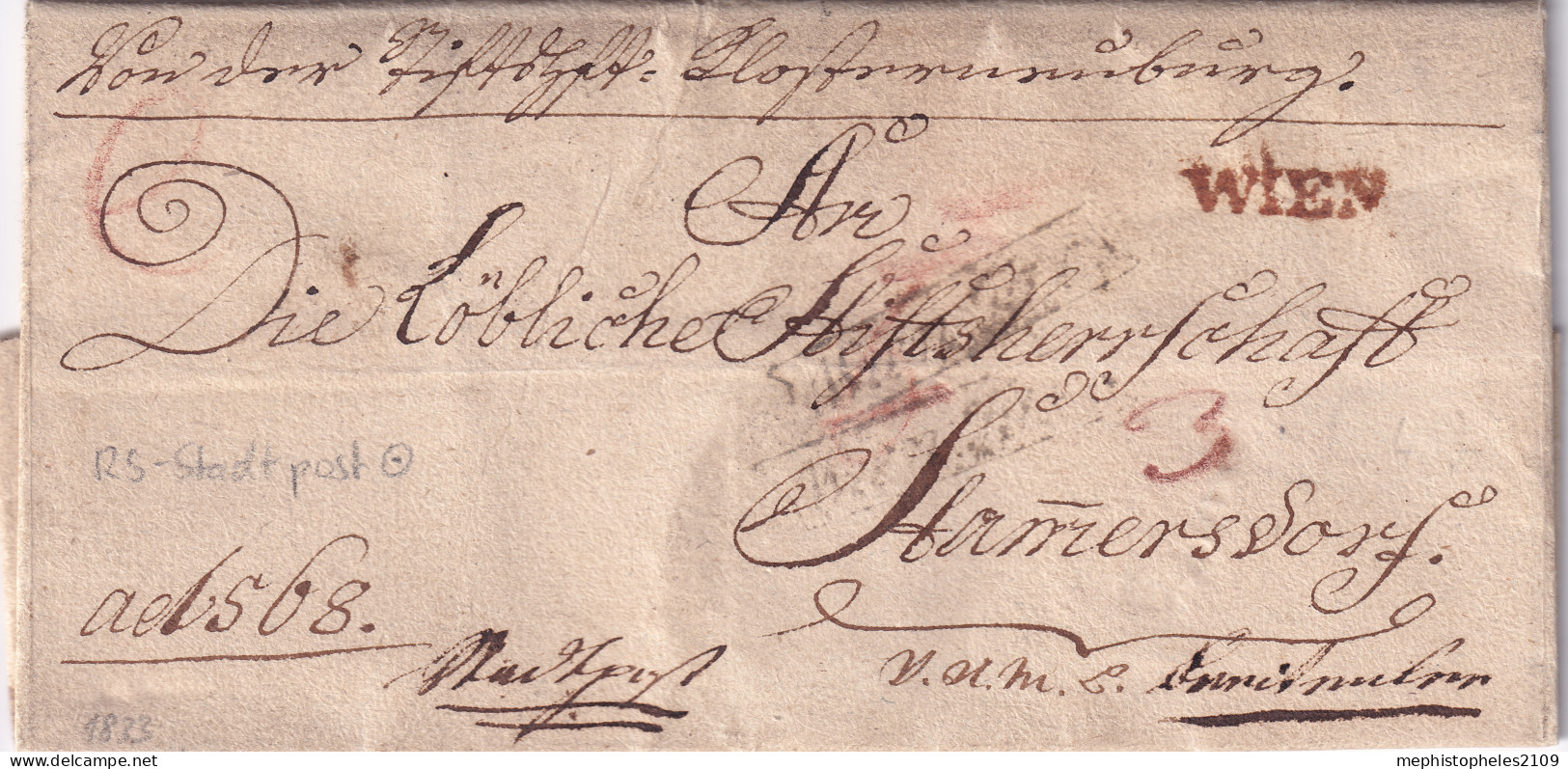 AUSTRIA 1833 - Brief An Die Löbliche Stiftsherrschaft Stammersdorf - Stadtpost -Stpl. WIEN, No.85 KK Briefsamt - ...-1850 Voorfilatelie