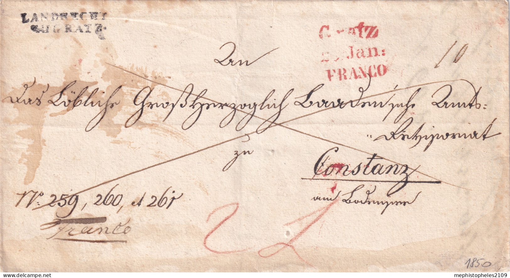 AUSTRIA 1850 - Brief Von Gratz Nach Constanz - Stpl. "Gratz .. Jan: Franco", "Landrecht Gratz", Siegel - ...-1850 Voorfilatelie