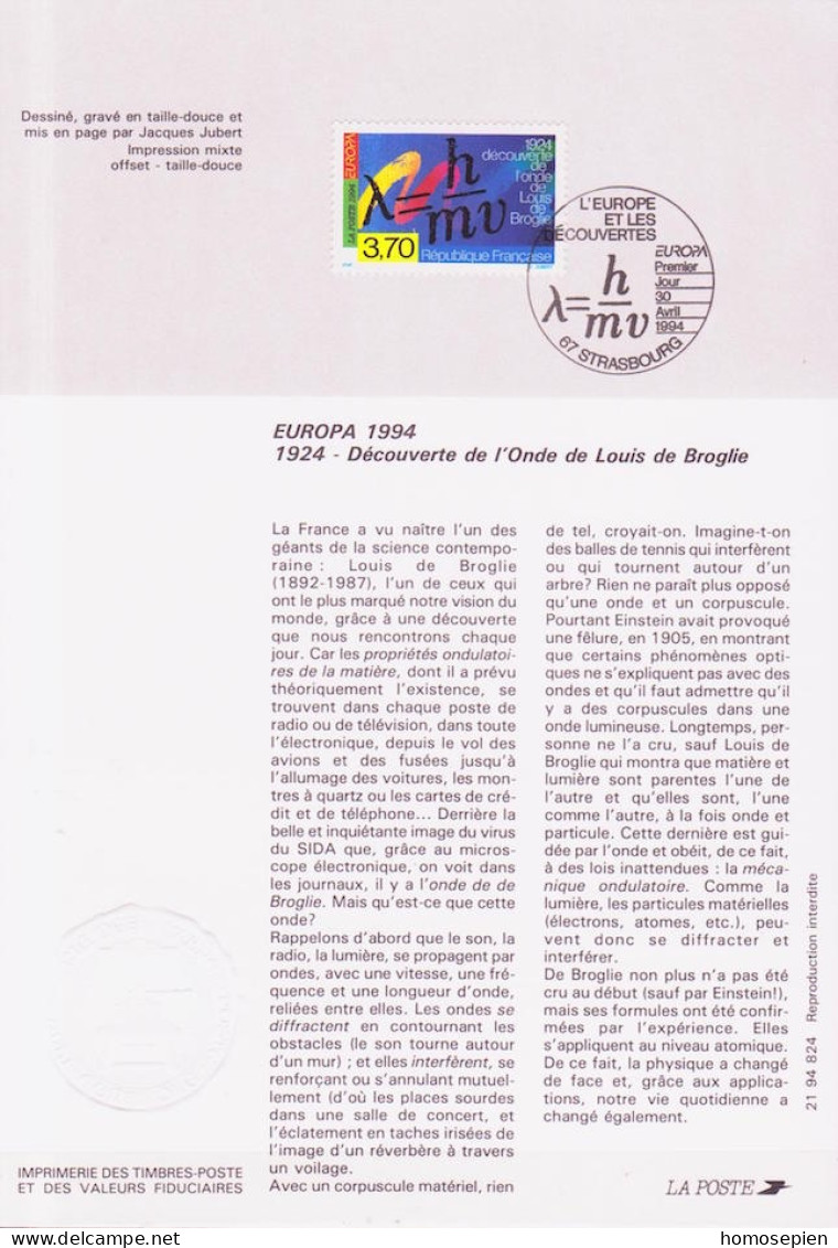 Europa CEPT 1994 France - Frankreich Y&T N°DP2879 - Michel N°PD3022 (o) - 3,70f EUROPA - Format 145*210 - Notice - 1994