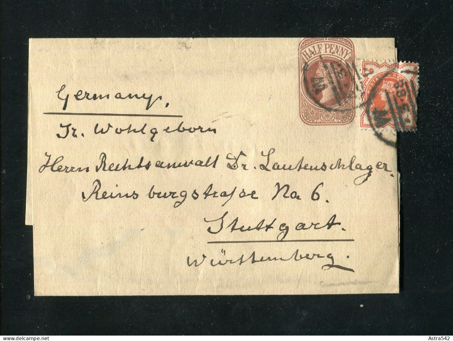"GROSSBRITANIEN" 1888, Streifband Mit Zusatzfrankatur Nach Stuttgart (0533) - Briefe U. Dokumente