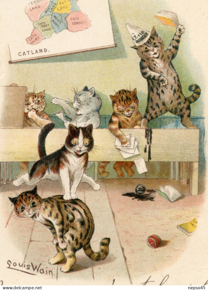 Illustrateur Louis Wain  "  à L'école Je Sais Que Vous Ne Manquer Pas De Distractions "chats.cats. - Wain, Louis