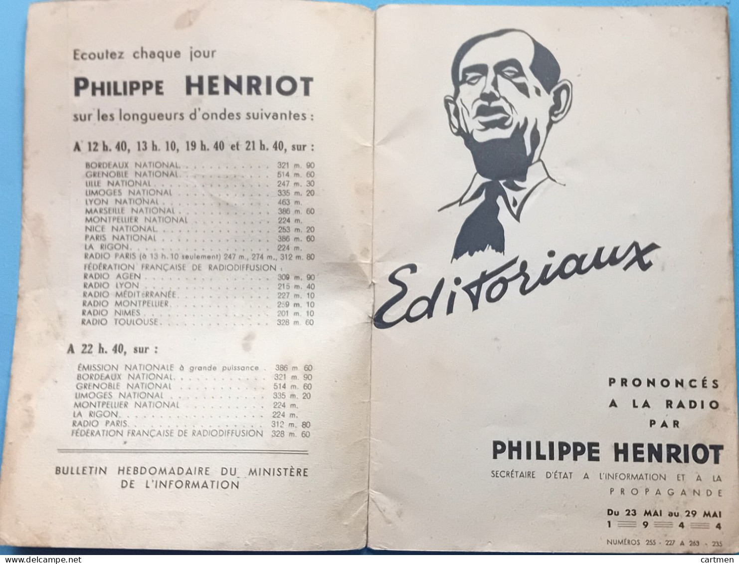 ANTIJUDAICA COLLABORATION EDITORIAUX DE PHILIPPE HENRIOT MAI 1944 SECRETAIRE A LA  PROPAGANDE - French