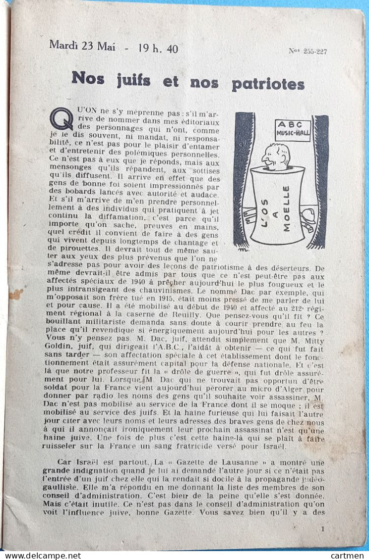 ANTIJUDAICA COLLABORATION EDITORIAUX DE PHILIPPE HENRIOT MAI 1944 SECRETAIRE A LA  PROPAGANDE - Français