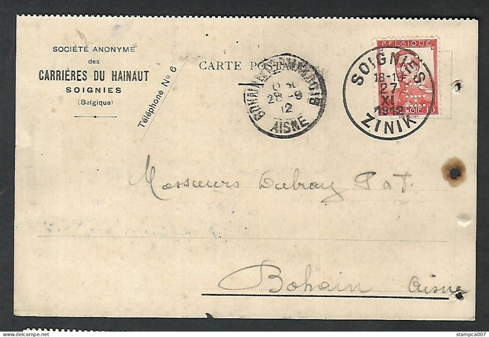 Perfin Perfo  " C.d.H. " Carrières Du Hainaut à Soignies - 1909-34