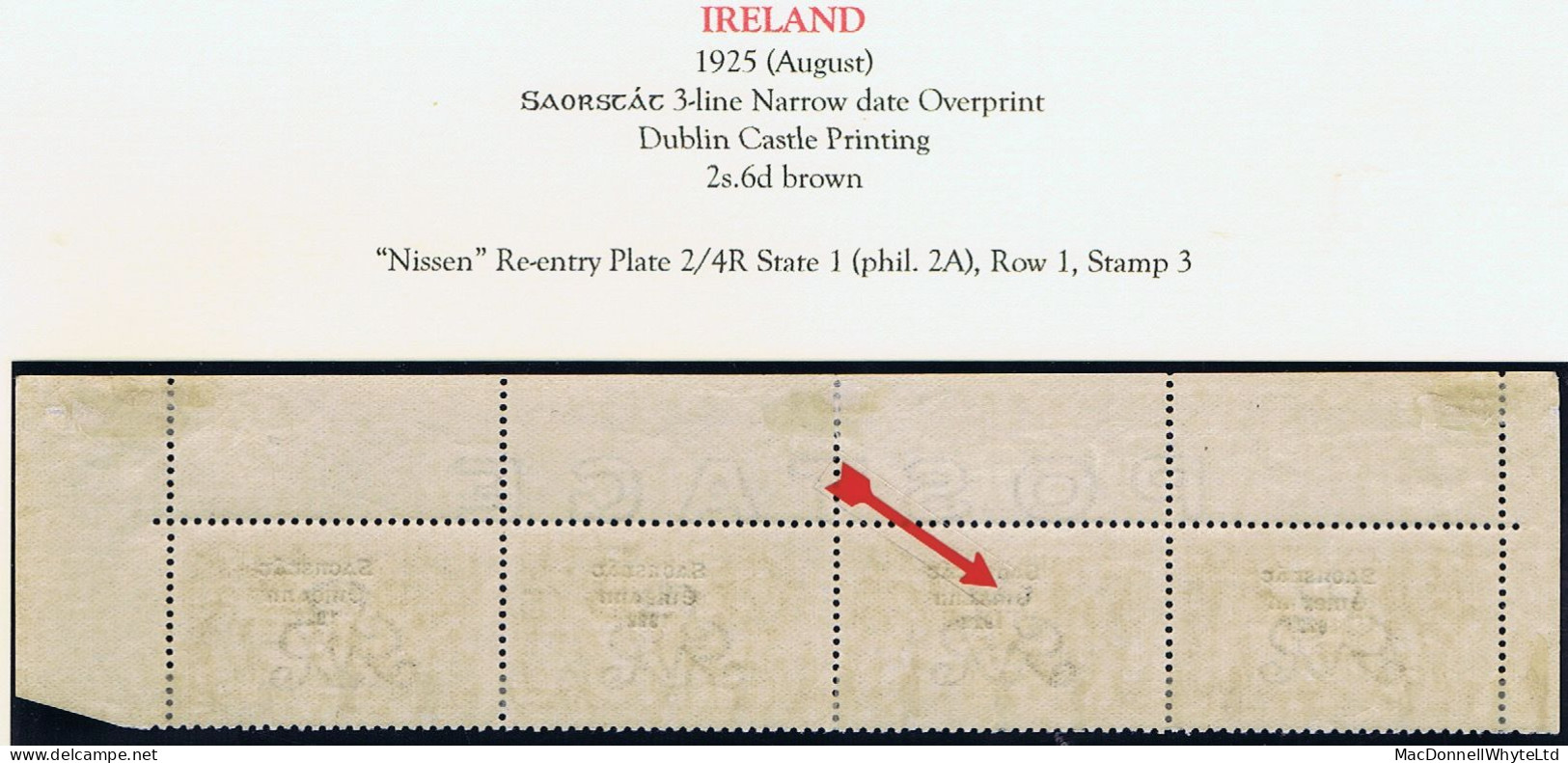 Ireland 1925 Narrow Date Saorstat 3-line Ovpt In Black 2/6d "Nissen Re-entry" Row 1/3, In A Complete Row Of 4 Mint - Neufs