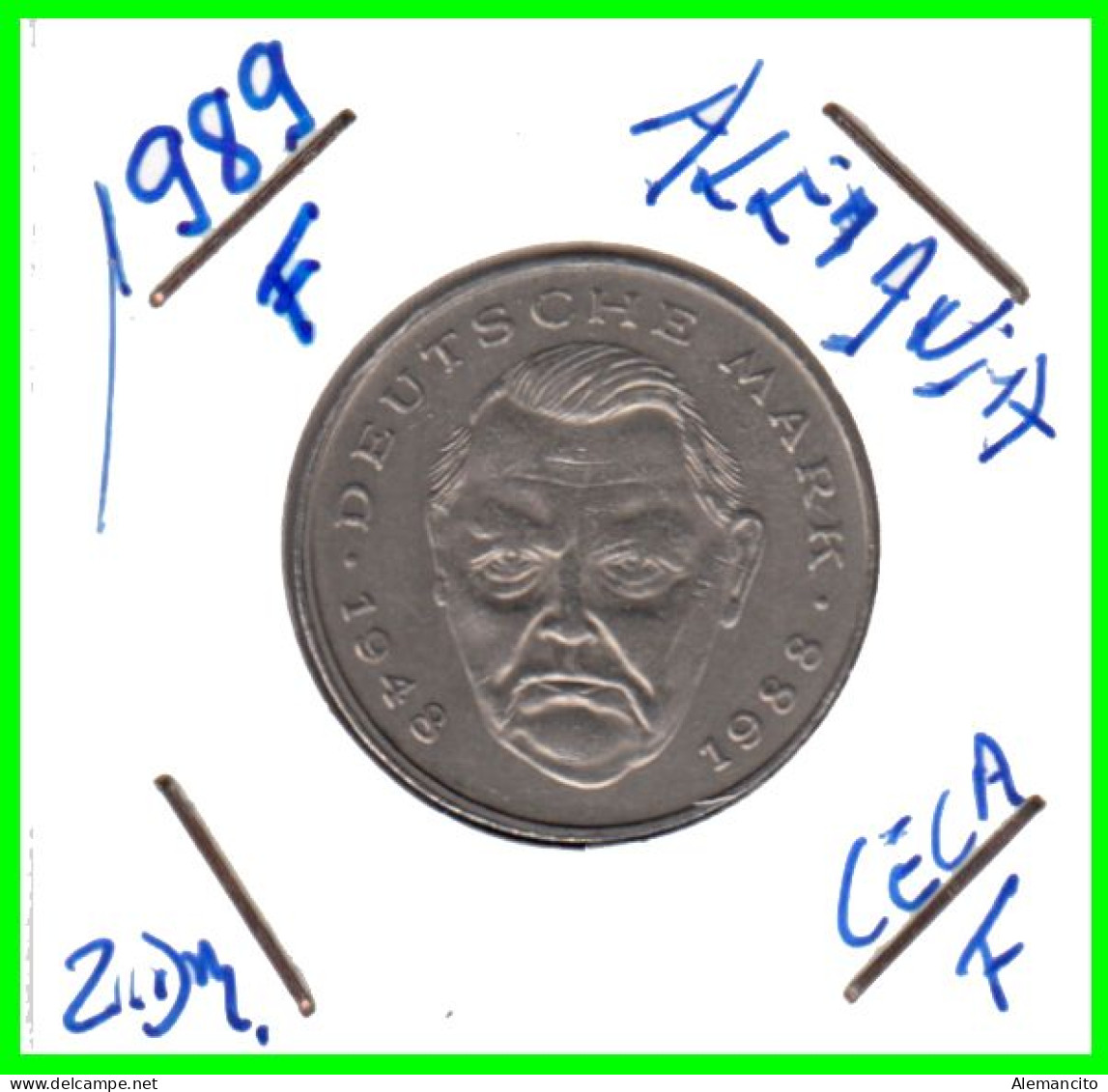 COIN ALEMANIA ( GERMANY ) MONEDA DE 2.00 DM AÑO 1989 CECA-F - STTUCART -LUDWIG ERHARD - NÍQUEL - 2 Marcos