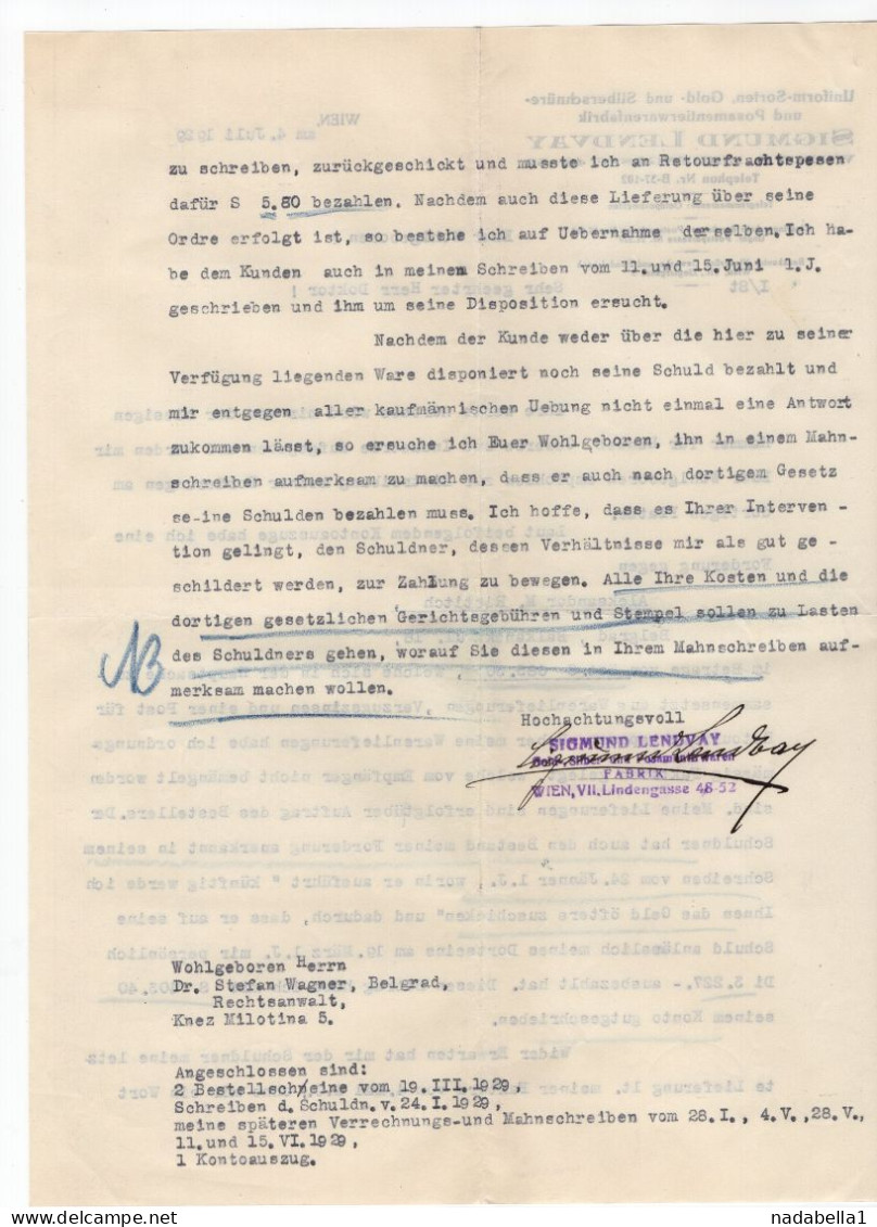 1929. AUSTRIA,VIENNA,SIGMUND LENDVAY,UNIFORM MAKERS,LETTERHEAD,TO BELGRADE,SERBIA - Austria