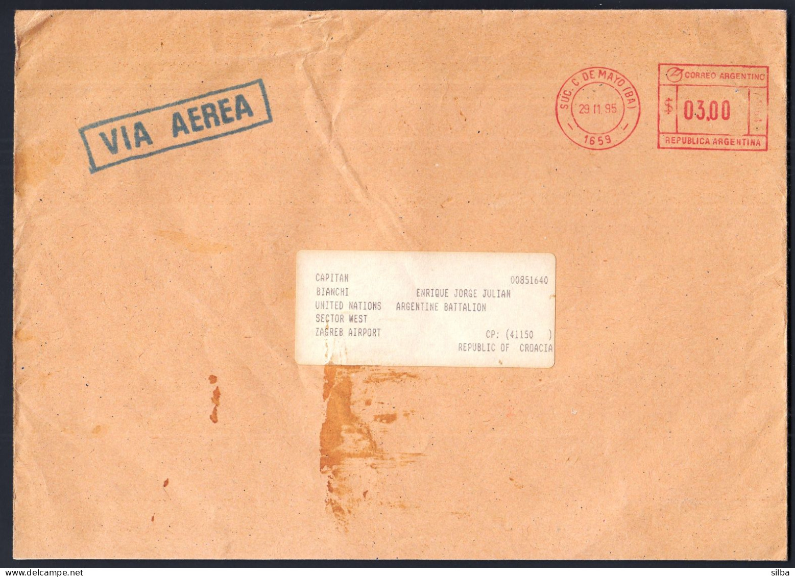 Argentina Suc. C. De Mayo 1995, Machine Stamp / Letter Sent To Croatia, UN Argentine Battalion Sector West - Briefe U. Dokumente