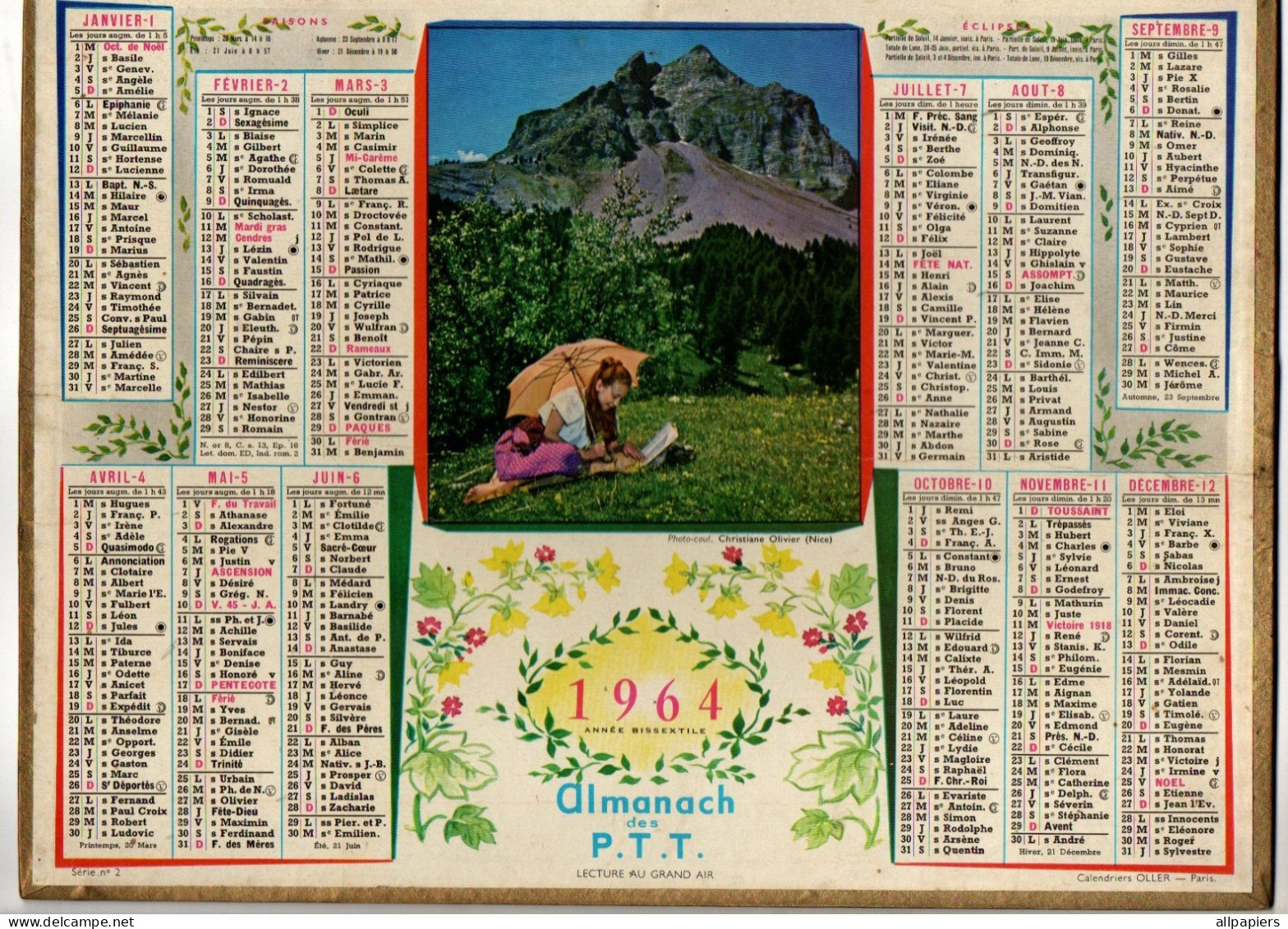 Calendrier Almanach Des P.T.T. 1964 Du Nord - Photo Lecture Au Grand Air - Format : 26.5x21 Cm - Grand Format : 1961-70