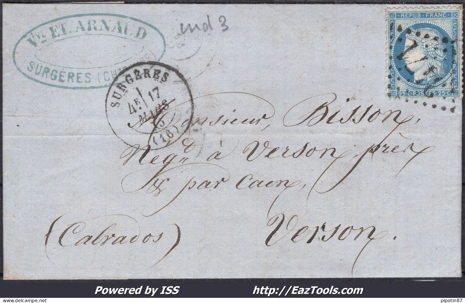 FRANCE N°60C SUR LETTRE AVEC GC 3471 SURGERES CHARENTE INF + CAD DU 14/03/1875 - 1871-1875 Ceres