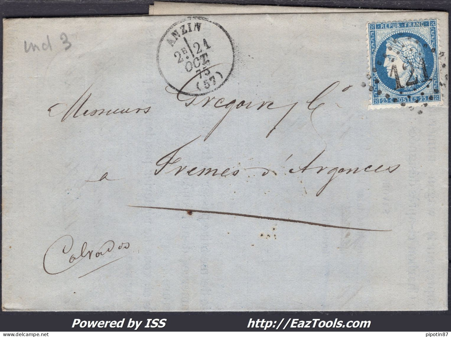 FRANCE N°60C SUR LETTRE AVEC GC 121 ANZIN NORD + CAD TYPE 16 DU 21/10/1875 - 1871-1875 Ceres