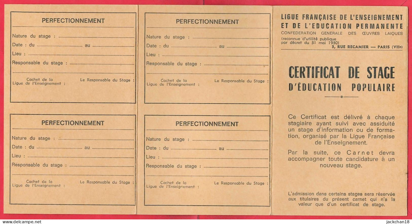 -- CERTIFICAT DE STAGE D'EDUCATION POPULAIRE / Ligue Française De L'Enseignement Et De L'Education Permanente / 3 Volets - Diplômes & Bulletins Scolaires