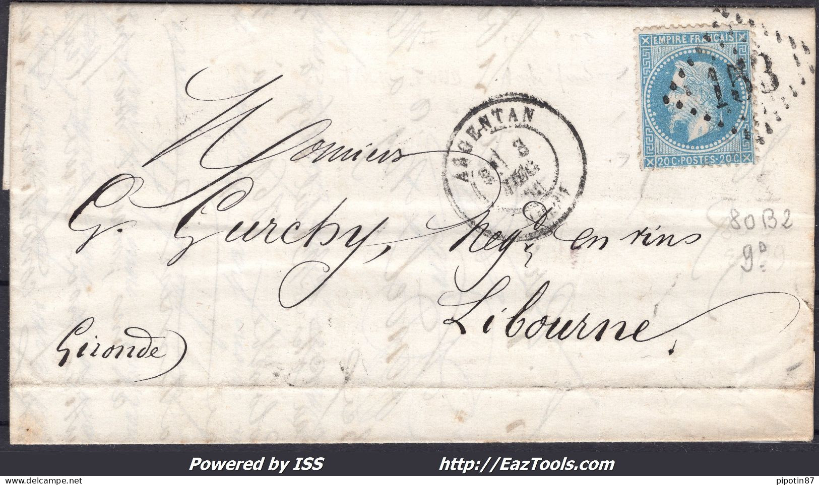 FRANCE N°29B SUR LETTRE AVEC GC 153 ARGENTAN ORNE + CAD DU 03/12/1871 - 1863-1870 Napoléon III. Laure