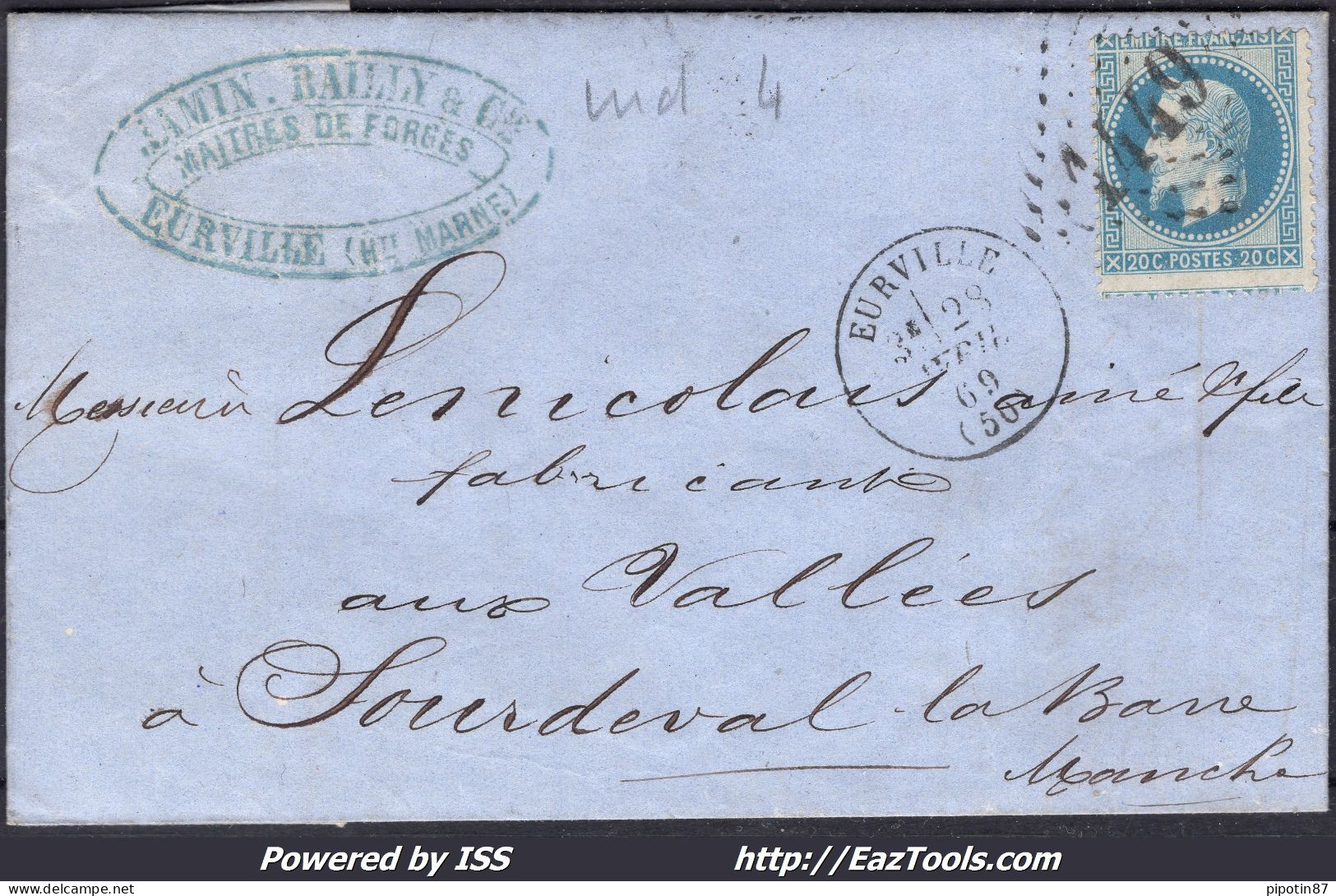 FRANCE N°29A SUR LETTRE AVEC GC 1449 EURVILLE HAUTE MARNE + CAD DU 28/04/1869 - 1863-1870 Napoléon III Con Laureles