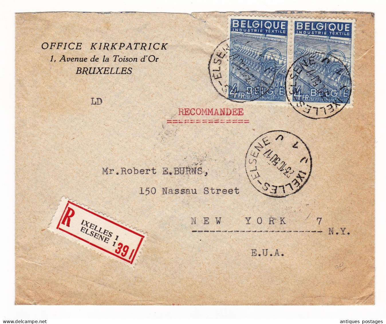 Lettre Recommandée 1950 Ixelles Elsene Belgique Office Kirkpatrick New York USA - Lettres & Documents